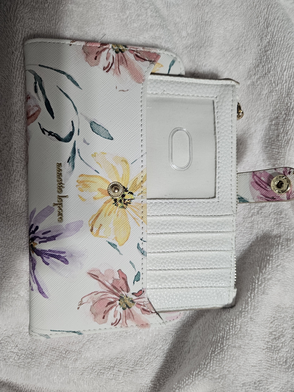 Nanette Lepore White Floral Zip Snap Wallet with Gold Logo - Picture 2 of 3